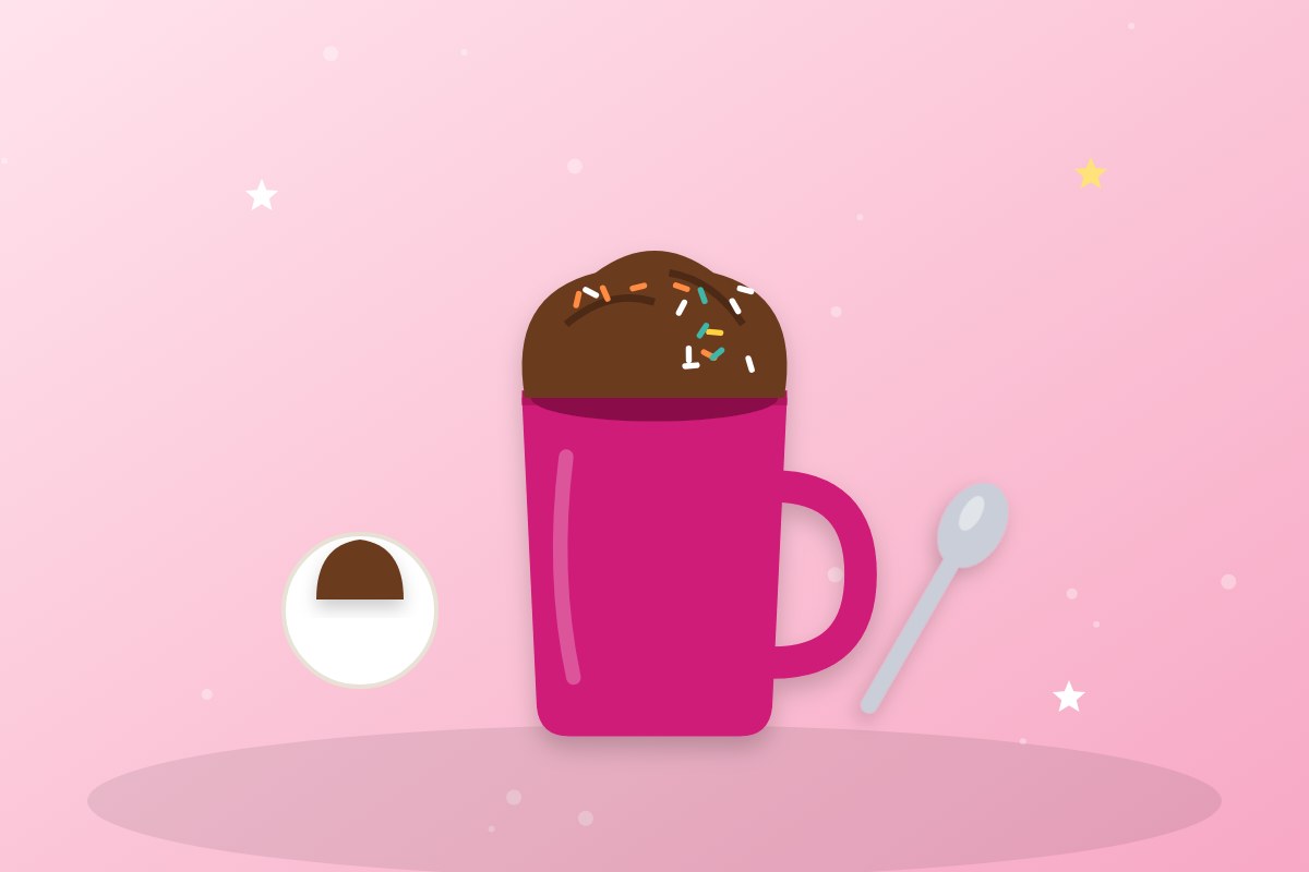 Taza rosa con un bizcocho de chocolate que sube por encima del borde decorado con virutas de colores