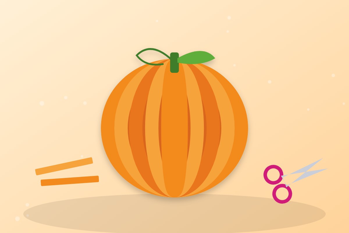 Calabaza naranja en 3D hecha con tiras de papel unidas, con tallo y hoja verde