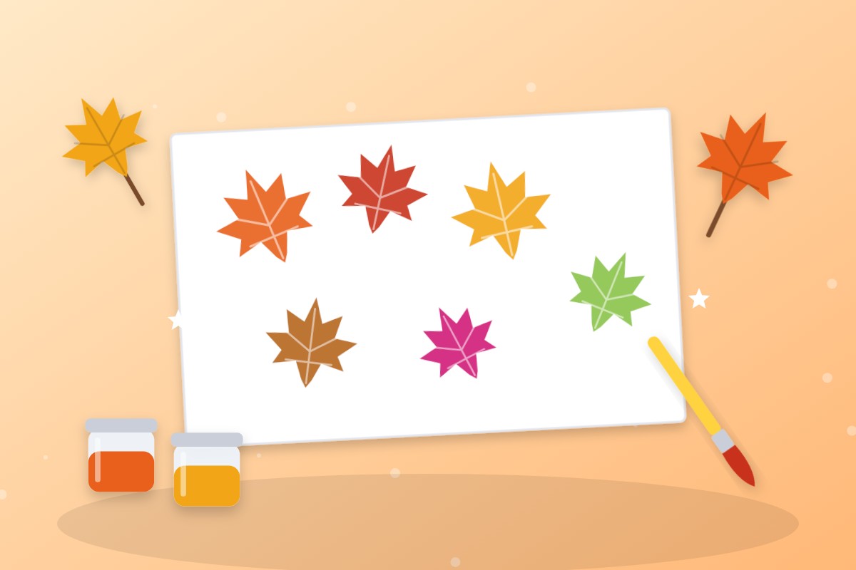 Folio blanco con huellas de hojas de otoño estampadas en naranja, rojo, amarillo y verde, junto a botes de pintura