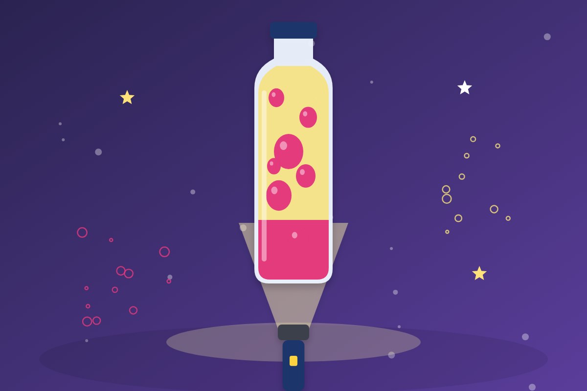 Botella con aceite amarillo y burbujas rosas iluminada por una linterna